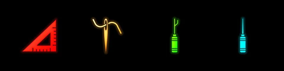 Set Triangular ruler, Needle for sewing with thread, Awl tool and icon. Vector Stock Illustration