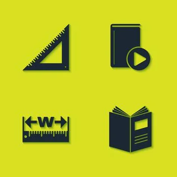 Set Triangular ruler, Open book, Measuring height and length and Audio icon Stock Illustration