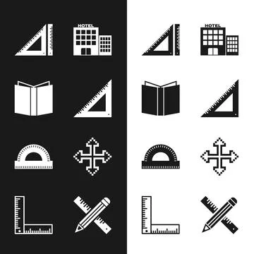 Set Triangular ruler, Open book, Hotel building, Protractor grid, Pixel arrows Ilustración de archivo