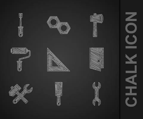 Set Triangular ruler, Paint brush, Wrench spanner, Closed door, Hammer and Stock Illustration