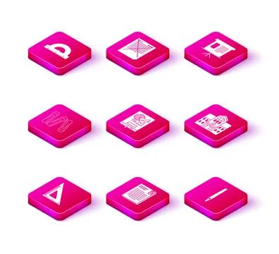 Set Triangular ruler, Paper, Board with graph chart, Pen, School building, .. Ilustración de archivo