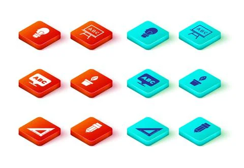 Set Triangular ruler, Pencil with eraser, Alphabet, Plant in pot, Chalkboard and Illustrazione stock