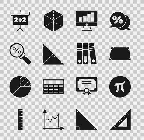Set Triangular ruler, Pi symbol, Acute trapezoid shape, Computer monitor with Stock Illustration