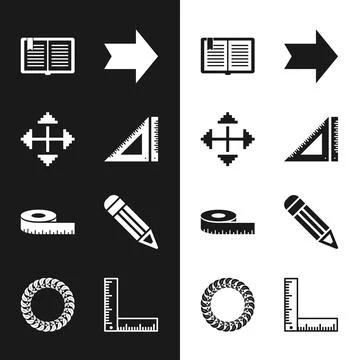 Set Triangular ruler, Pixel arrows in four directions, Open book, Arrow, Ta.. Stock Illustration