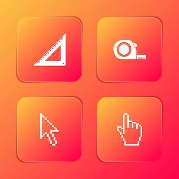 Set Triangular ruler, Roulette construction, Pixel arrow cursor and hand icon Stock Illustration