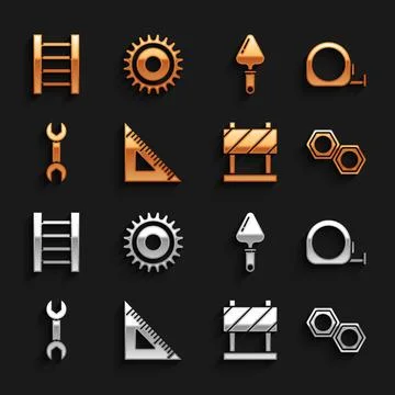 Set Triangular ruler, Roulette construction, Hexagonal metal nut, Road barrier Illustrazione stock