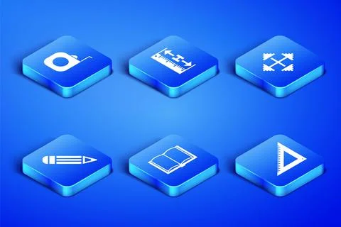 Set Triangular ruler, Roulette construction, Open book, Pencil, Measuring height Illustrazione stock