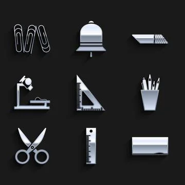 Set Triangular ruler, Ruler, Chalkboard, Pencil case stationery, Scissors 스톡 일러스트