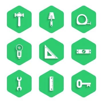 Set Triangular ruler, Ruler, Old key, Construction bubble level, Wrench spanner 스톡 일러스트