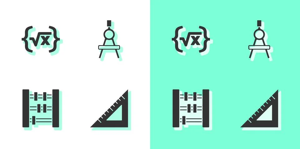 Set Triangular ruler, Square root of x glyph, Abacus and Drawing compass icon Stock Illustration