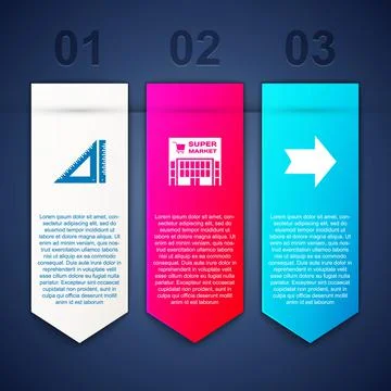 Set Triangular ruler, Supermarket building and Arrow. Business infographic Stock Illustration