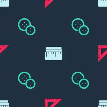 Set Triangular ruler, Tape measure and Sewing button on seamless pattern. Vector Stock Illustration