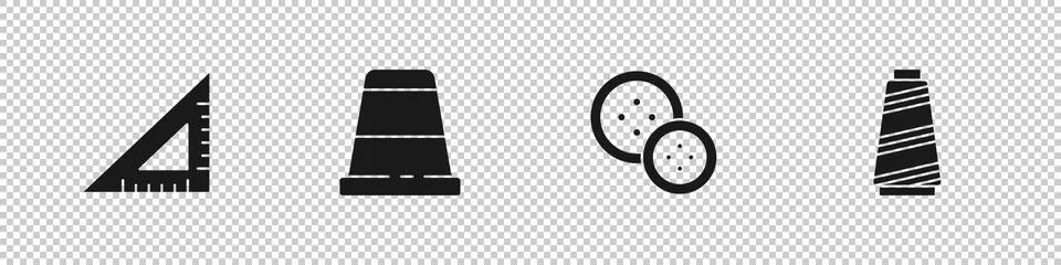 Set Triangular ruler, Thimble for sewing, Sewing button and thread icon. Vector Illustrazione stock