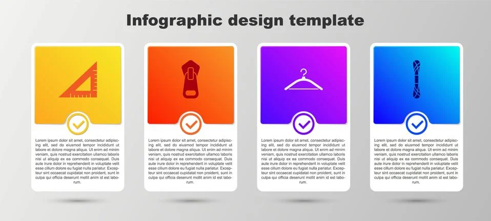 Set Triangular ruler, Zipper, Hanger wardrobe and Yarn. Business infographic Illustrazione stock