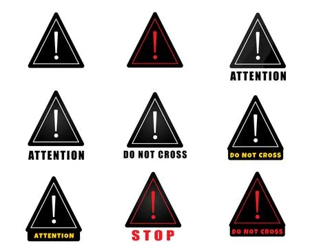 Set of triangular warning symbols with exclamation mark. Black color. Stock Illustration
