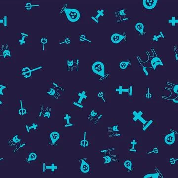 Set Trident devil, Black cat, Skull and Tombstone with cross on seamless pattern Stock Illustration