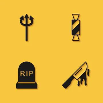 Set Trident devil, Bloody knife, Tombstone with RIP written and Candy icon with Illustrazione stock
