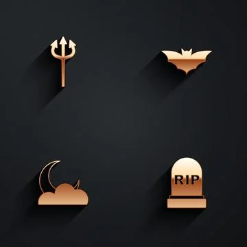 Set Trident devil, Flying bat, Moon and stars and Tombstone with RIP written Illustrazione stock