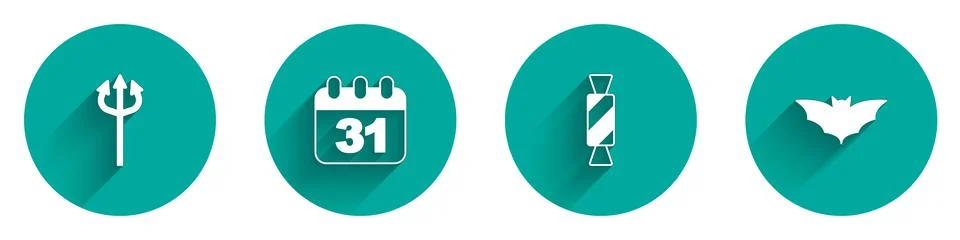 Set Trident devil, Halloween date 31 october, Candy and Flying bat icon with Stock Illustration
