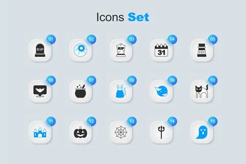 Set Trident devil, Halloween witch cauldron, Eye, Castle, Ghost, Black cat,.. Illustrazione stock