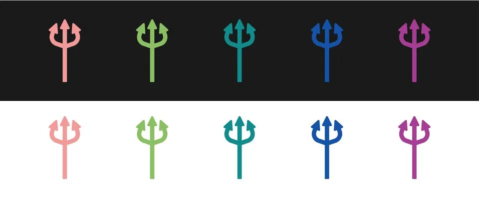 Set Trident devil icon isolated on black and white background. Happy Halloween Stock Illustration