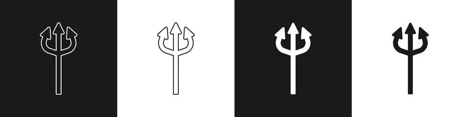 Set Trident devil icon isolated on black and white background. Happy Halloween Stock Illustration