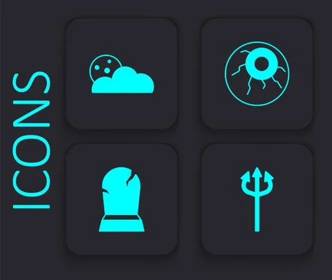 Set Trident devil, Moon and stars, Eye and Tombstone with RIP written icon Illustrazione stock