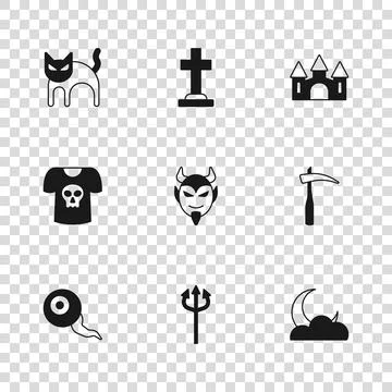 Set Trident devil, Scythe, Moon and stars, Devil head, Castle, Black cat, T.. Illustrazione stock