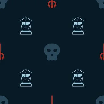 Set Trident devil, Skull and Tombstone with RIP written on seamless pattern Stock Illustration
