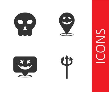 Set Trident devil, Skull, Happy Halloween holiday and icon. Vector Stock Illustration