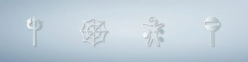 Set Trident devil, Spider web, Voodoo doll and Lollipop. Paper art style. Vector Stock Illustration