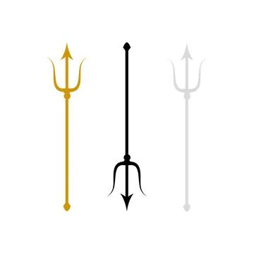 Set of Trident icons in gold, silver and black. Devil pitchfork collection 스톡 일러스트