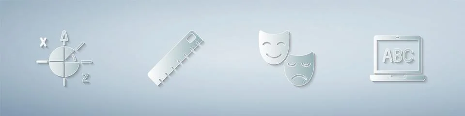 Set Trigonometric circle, Ruler, Comedy and tragedy masks and Laptop. Paper a Stock Illustration