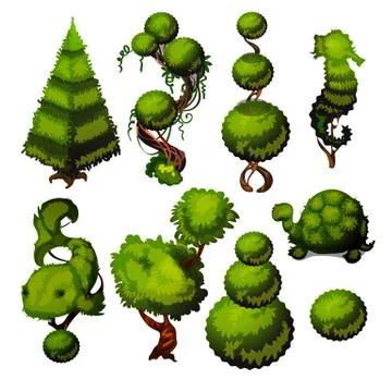 Set of trimmed shrubs in the shape of animals for landscaping. Ideas for Stock Illustration