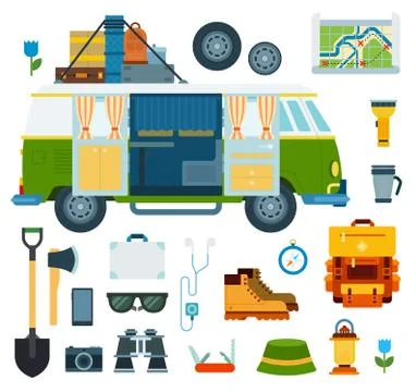 Set of Trip and Vacation flat vector illustration. Stock Illustration