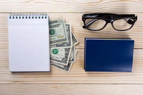 Set of trip stuff on wooden background, Preparing for travel, digital gadgets Stock Photos
