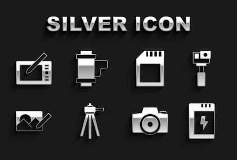 Set Tripod, Action camera, Battery for, Photo, retouching, SD card, Graphic Stock Illustration