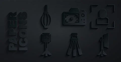 Set Tripod, Camera focus frame line, Studio light bulb softbox, Photo camera  Stock-Illustration
