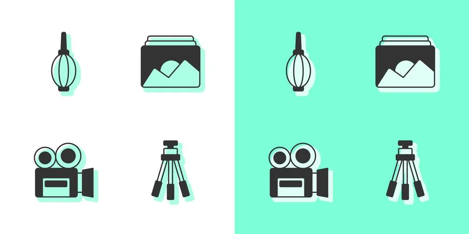 Set Tripod, Dust blower, Retro cinema camera and Photo frame icon. Vector Stock Illustration
