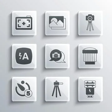 Set Tripod, Photo camera flash, Camera photo lens, timer, Auto, and icon. Vector Illustrazione stock