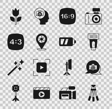 Set Tripod, Photo camera, flash, frame 16, Camera shutter, 4, mode macro an.. Stock Illustration