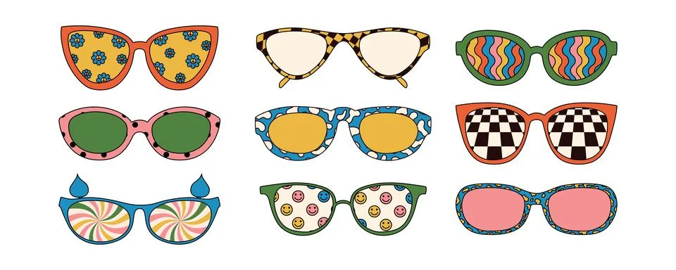 Set of trippy sunglasses in different forms with patterns. Vector illustrat.. Stock Illustration