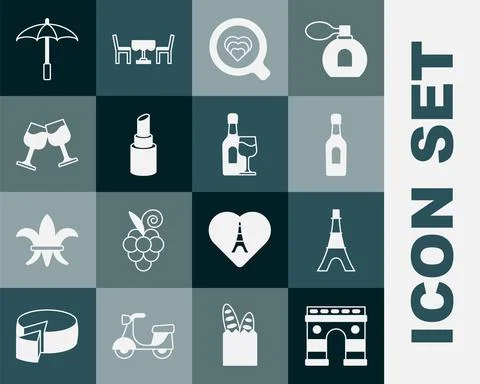 Set Triumphal Arch, Eiffel tower, Champagne bottle, Coffee cup, Lipstick, Wine Stock Illustration