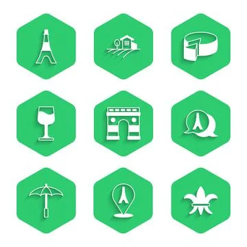 Set Triumphal Arch, Eiffel tower, Fleur De Lys, Umbrella for beach, Wine glass Stock-Illustration