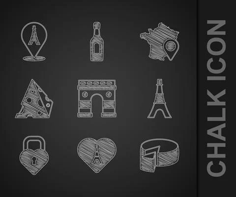Set Triumphal Arch, Eiffel tower with heart, Cheese, Castle in the shape of, Map Stock-Illustration