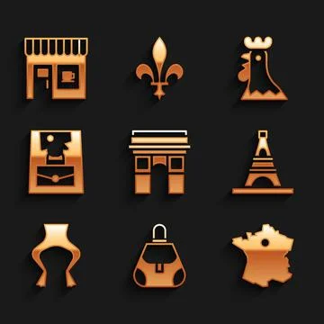 Set Triumphal Arch, Handbag, Map of France, Eiffel tower, Frog legs, French r イラスト素材