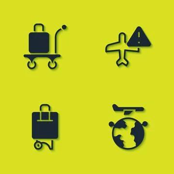 Set Trolley baggage, Globe with flying plane, Suitcase and Warning aircraft icon Illustration