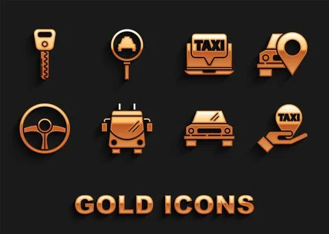 Set Trolleybus, Map pointer with taxi, Hand on map, Car, Steering wheel, Laptop Stock Illustration