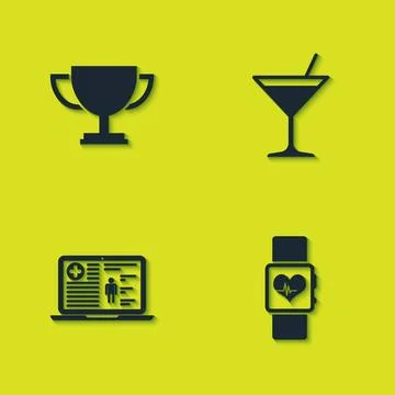 Set Trophy cup, Smart watch heart beat rate, Medical clinical record and Mart Stock Illustration
