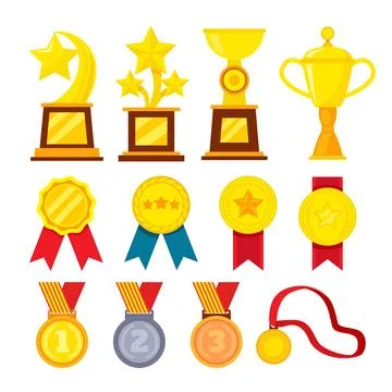 Set of trophy set collection, golden, silver and bronze medals, cups and ba.. Stock Illustration